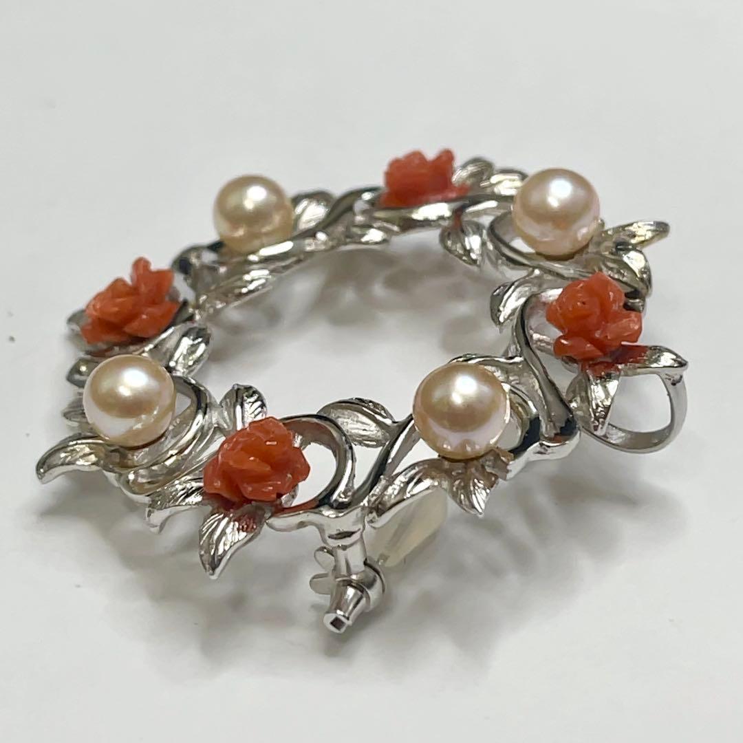 美品！アコヤ真珠×赤珊瑚 薔薇彫刻 シルバーブローチ＆ペンダントトップ 925