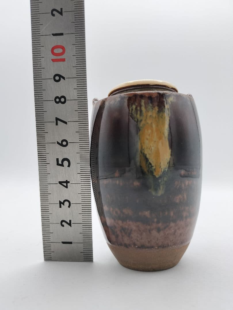 c668 茶入 高取耳付 荒磯金襴 笹蔓緞子 鬼丸雪山 木箱 茶道具 古物