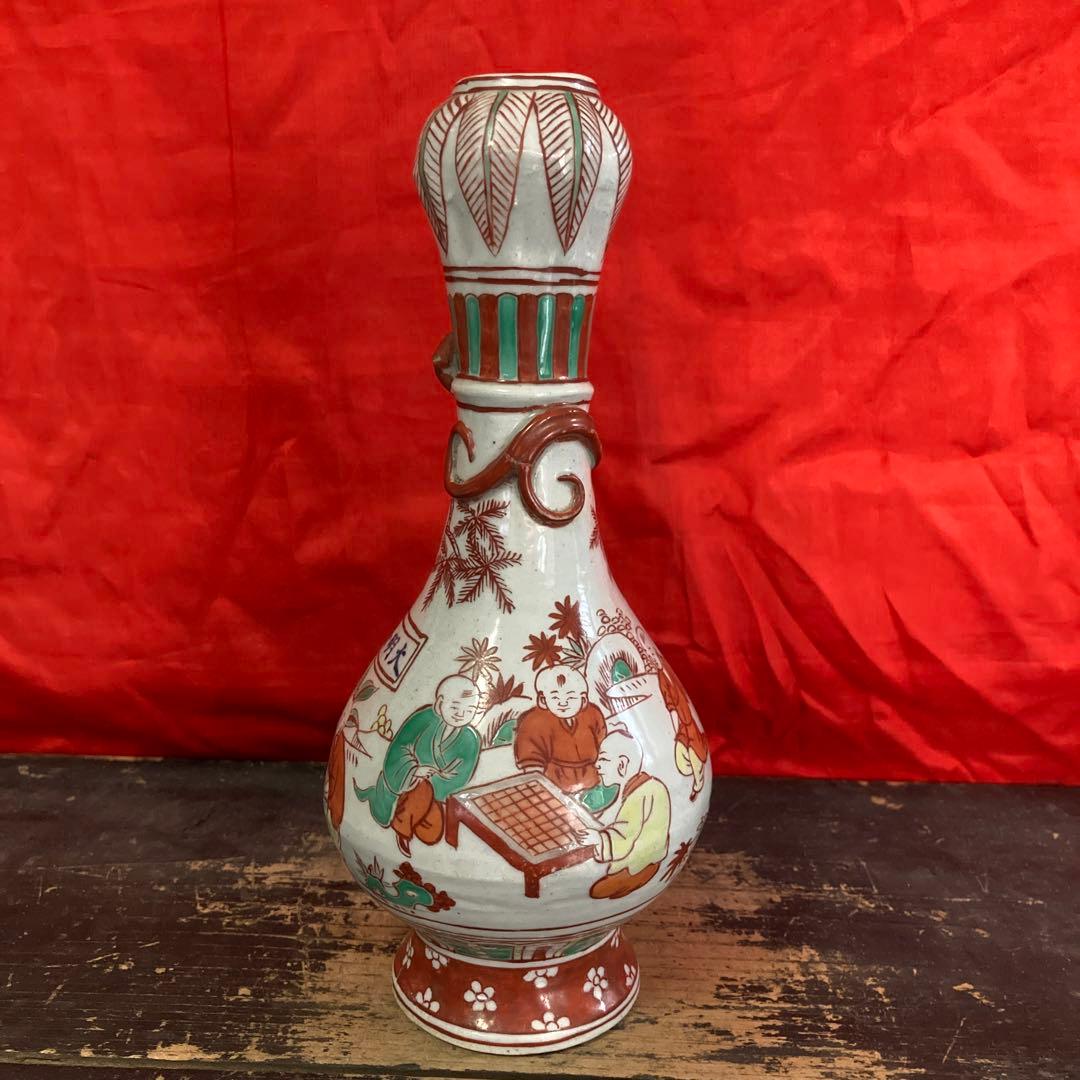 中国　色絵　蒜頭瓶　童子図　大明隆慶年造銘