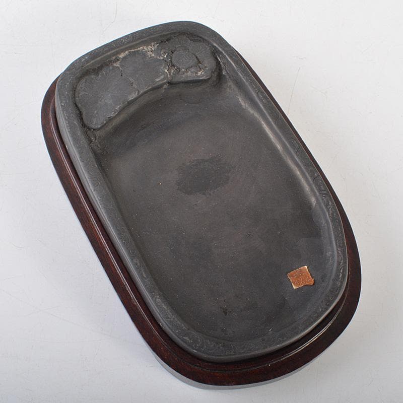 中国　書道具　花刻　端渓硯　唐木箱付　V　R7139