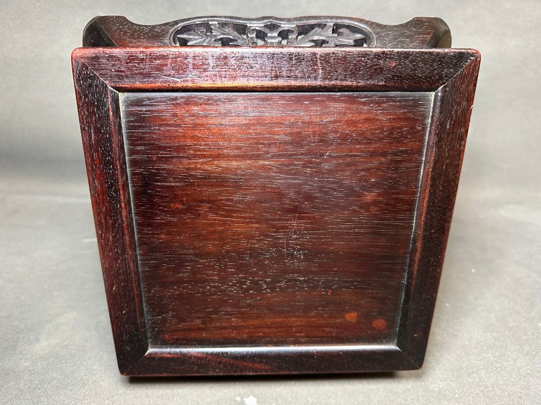 紫檀　唐草透彫　四方高脚花台　唐木二重天板如意巻足飾台　盆栽台　高卓アンティーク