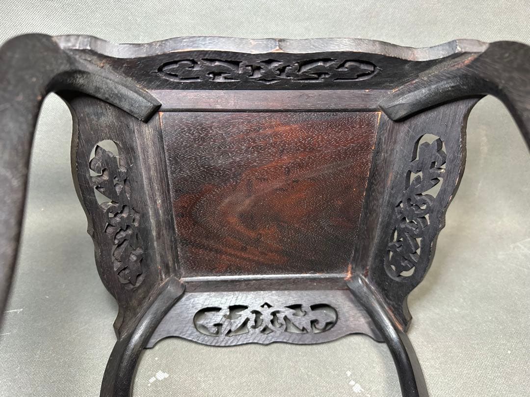 紫檀　唐草透彫　四方高脚花台　唐木二重天板如意巻足飾台　盆栽台　高卓アンティーク