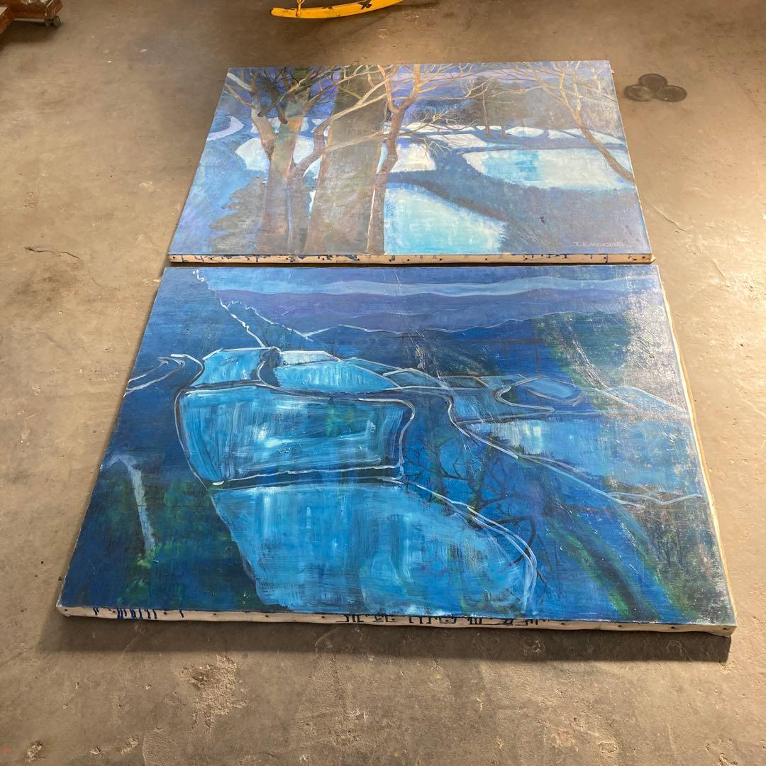 大型 F60号 青い絵 ブルー 油彩キャンバス 2点セット 引き取り可能