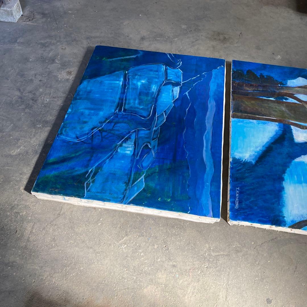 大型 F60号 青い絵 ブルー 油彩キャンバス 2点セット 引き取り可能
