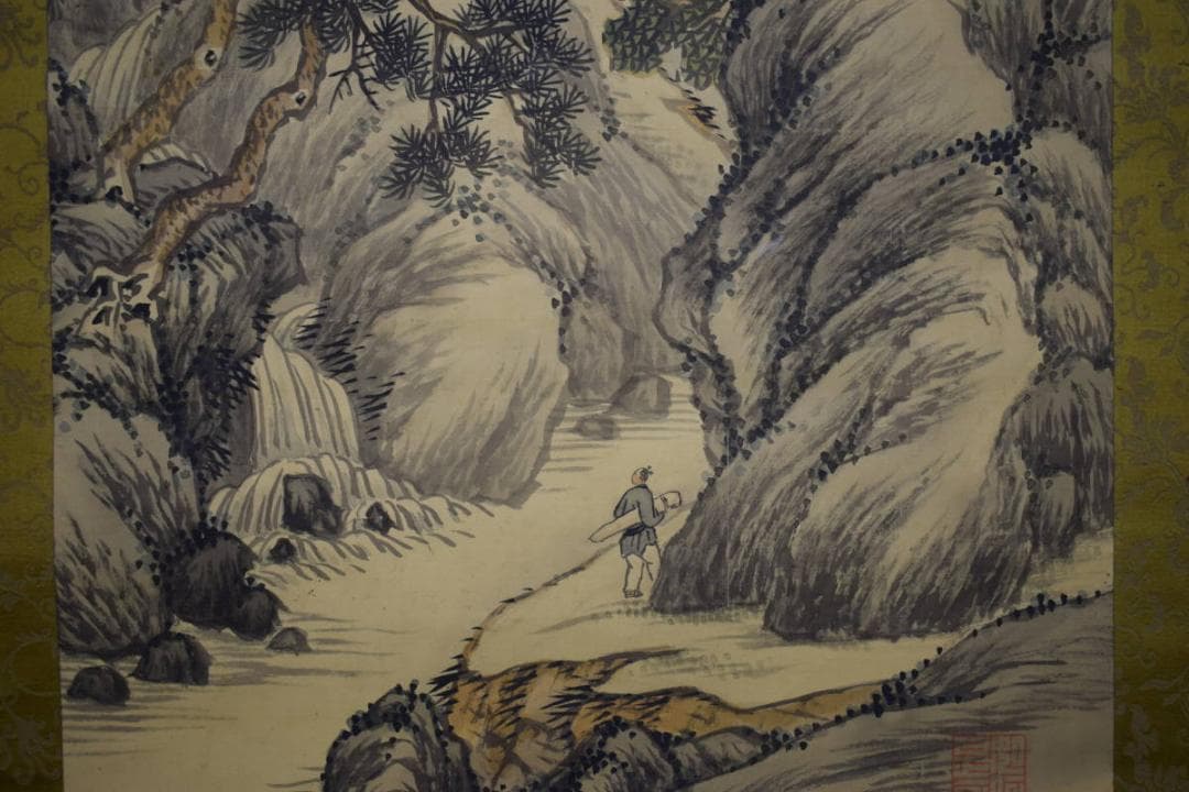 真作/森琴石/渓山勝賞図/桐共箱付/布袋屋掛軸HE-750