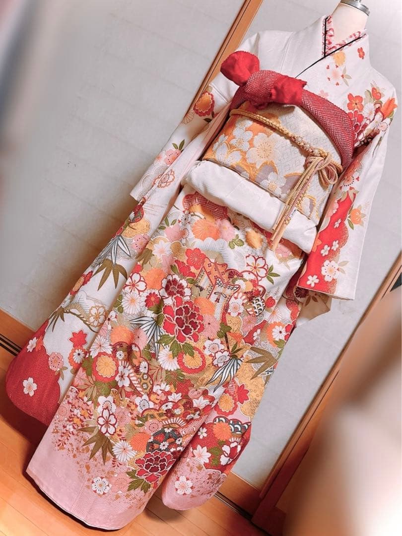 正絹振袖　成人式　振袖セット　結納　袋帯　振袖フルセット　白　ホワイト　ピンク