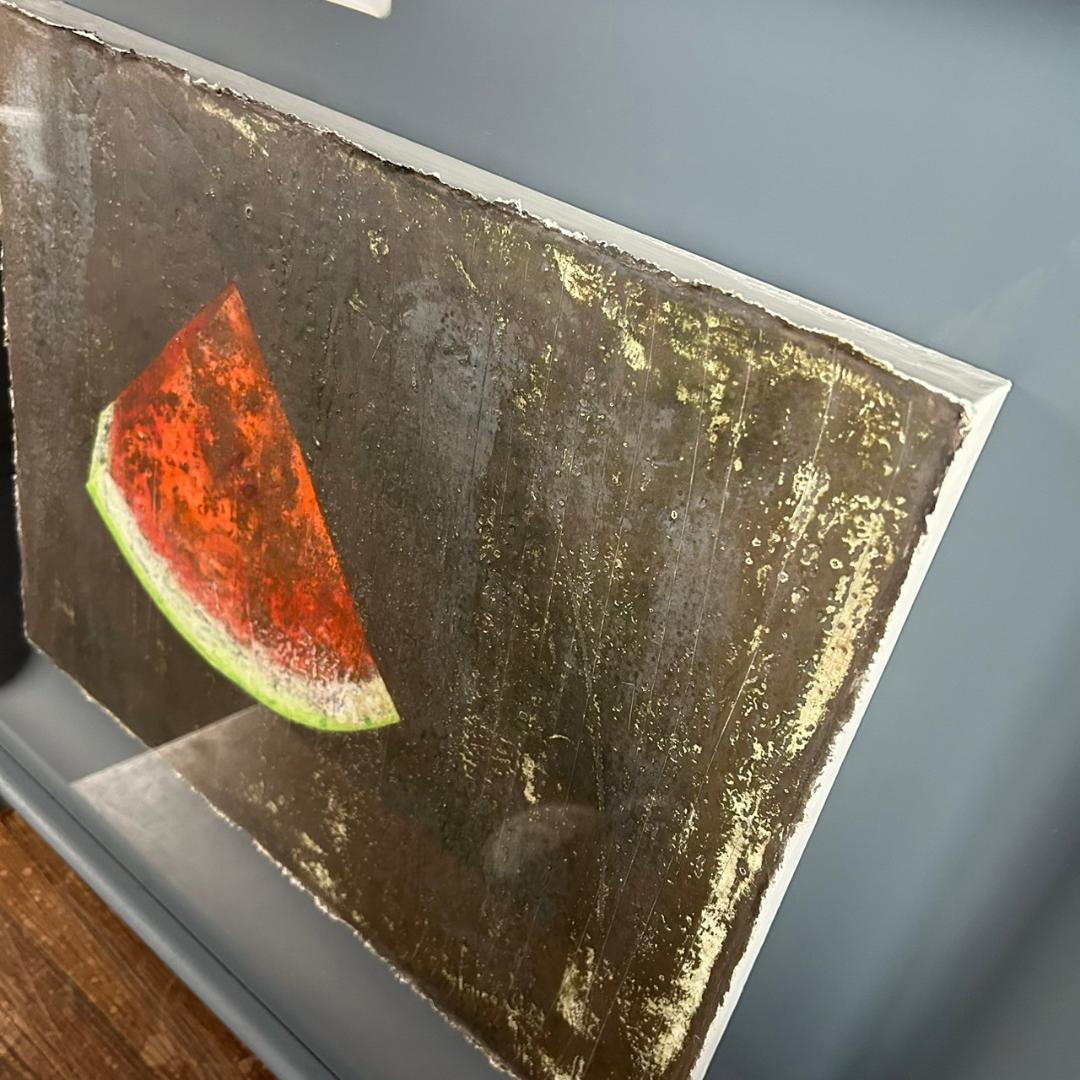 美品 来野月乙「西瓜」染色絵 共シール有 直筆サイン入 立体額 京都の染色作家