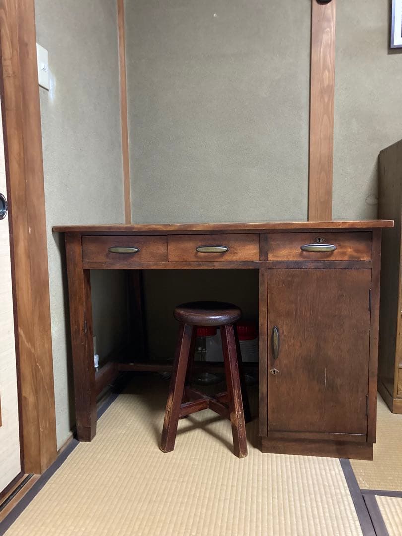 アンティーク　木製片袖机 引き出し付き