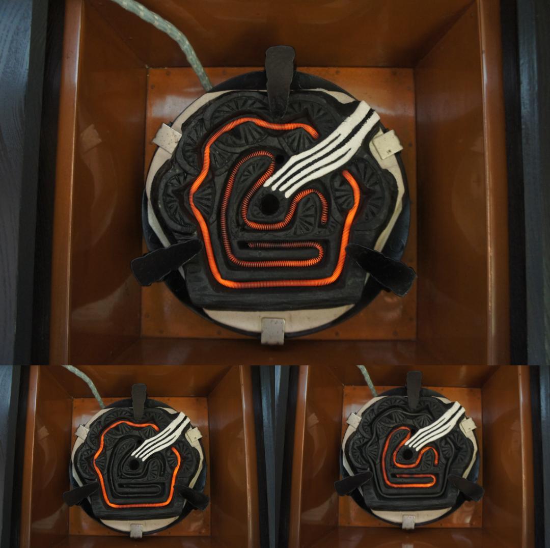 ☆木製置炉 在銘 あられ釜 唐銅蓋 置炉用600W 炭型 電熱器 送料込み