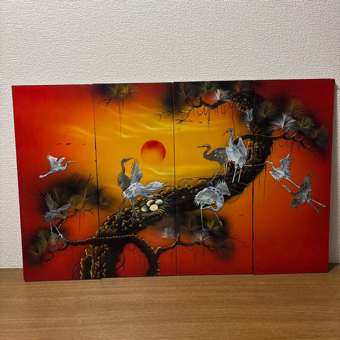 日本画風 鶴と松の木 4パネルアート