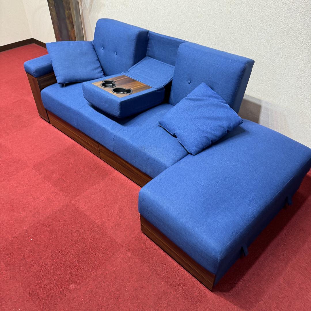 東京23区送料無料 美品モダンデコ二人掛けソファー／ベッド　収納有ネイビーブルー