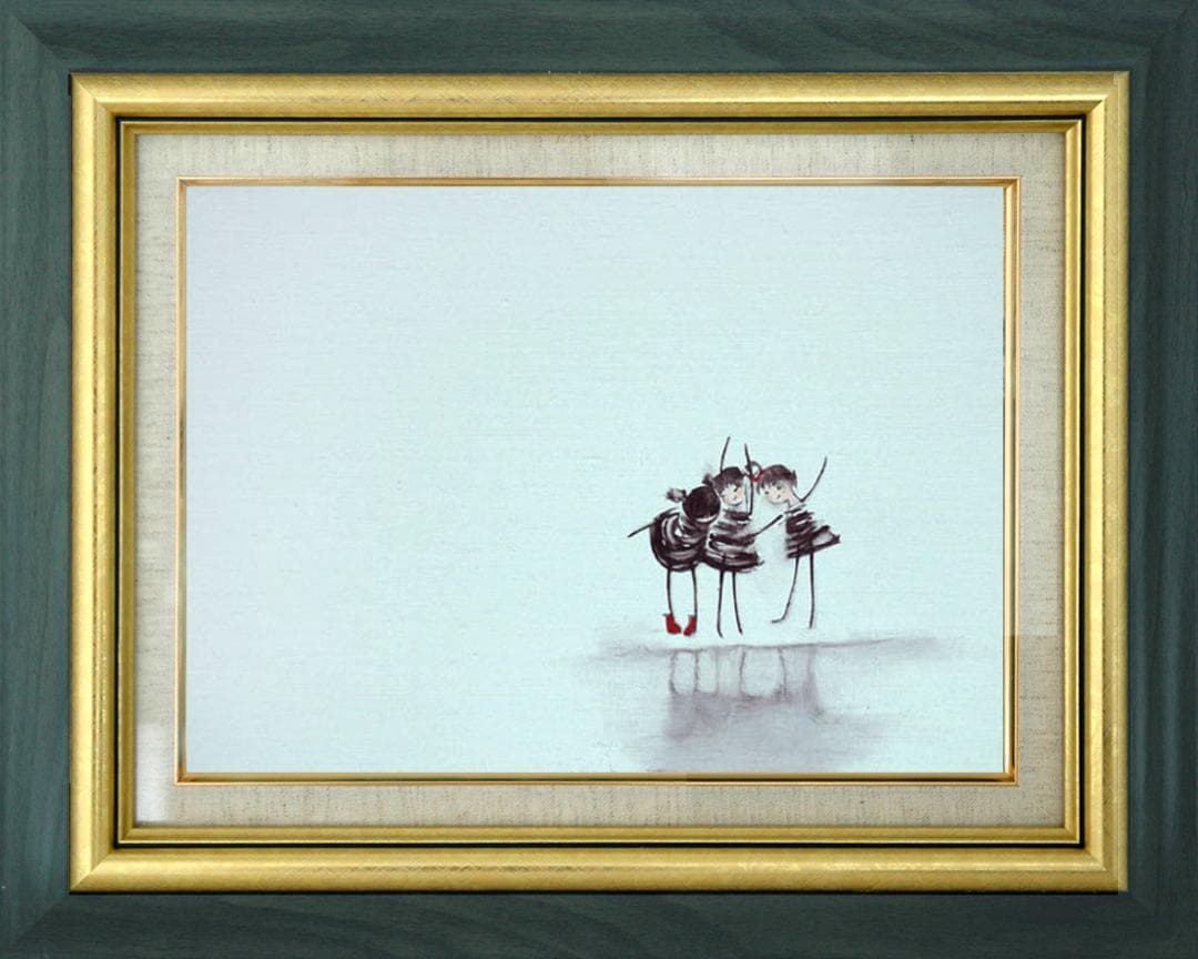 油絵 菅家令子 絵 絵画インテリア額付(青緑＋金色の枠) F4-081514子供