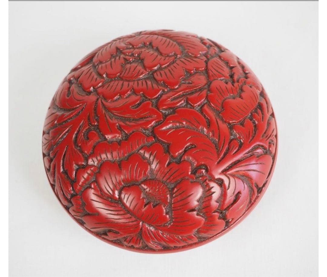 送料無料　作家在銘　村上堆朱　牡丹紋香合　茶道具