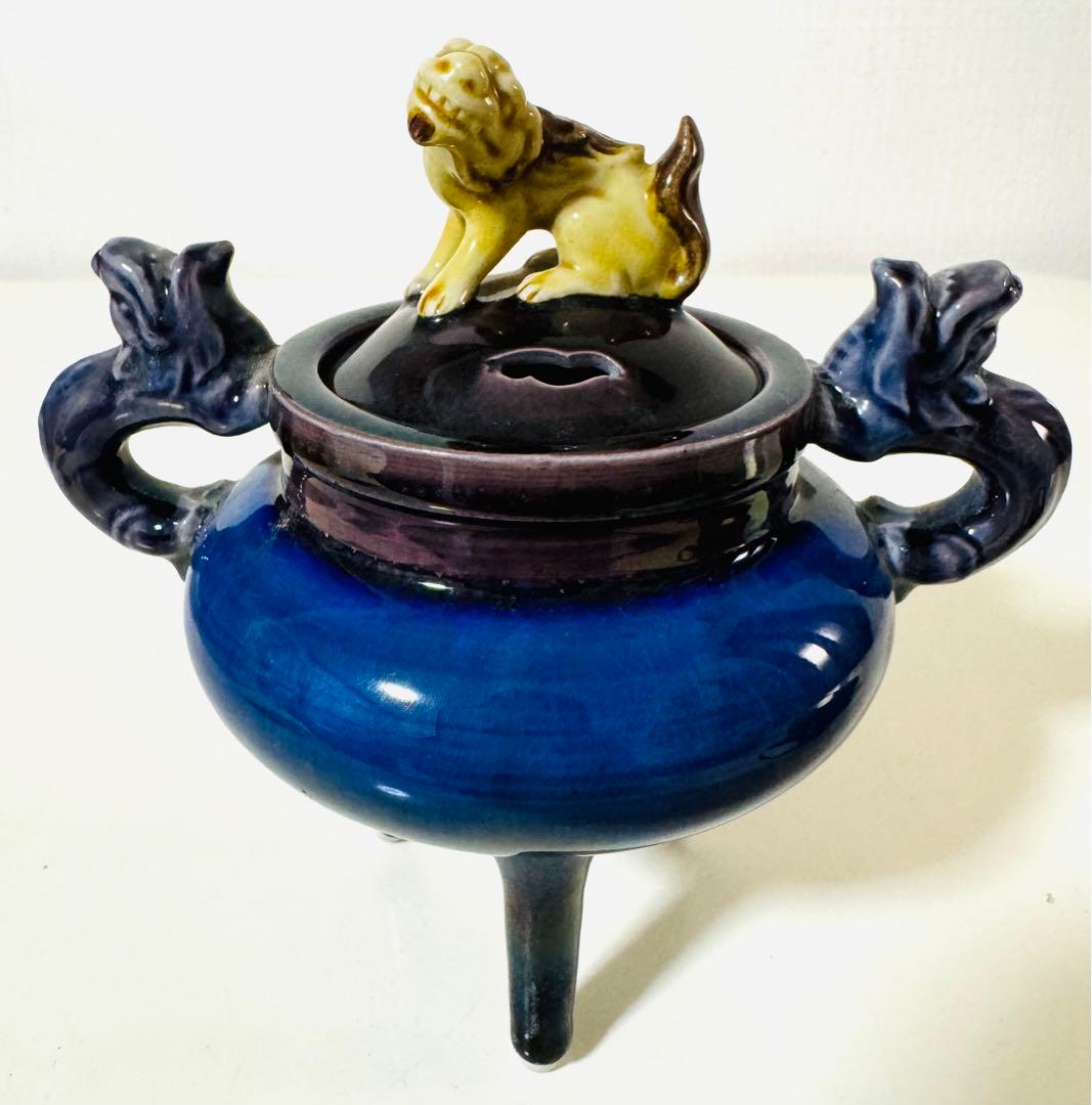 人間国宝 柳雨軒 徳田八十吉(正彦銘) 獅子摘 龍耳香炉 九谷