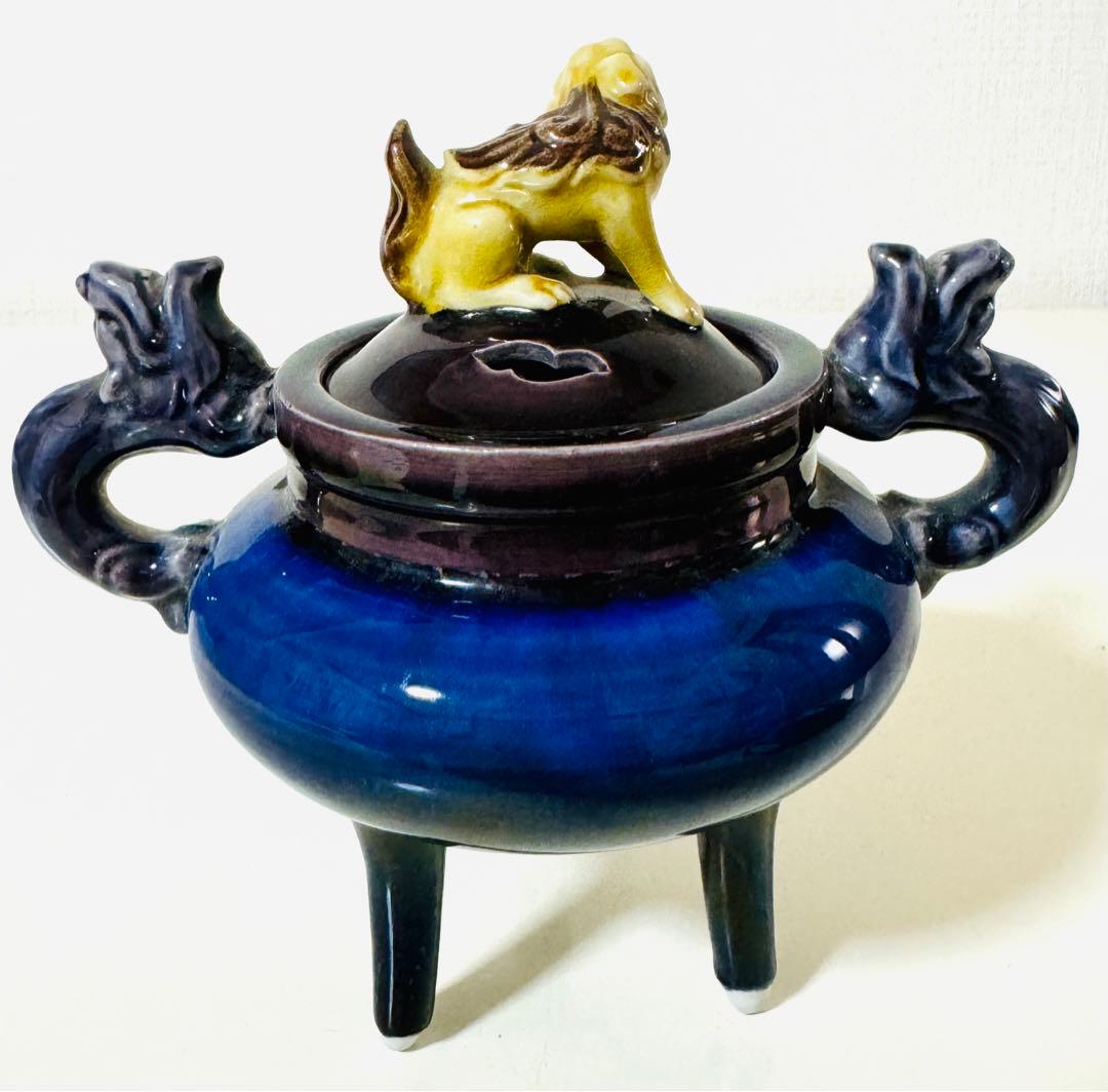 人間国宝 柳雨軒 徳田八十吉(正彦銘) 獅子摘 龍耳香炉 九谷