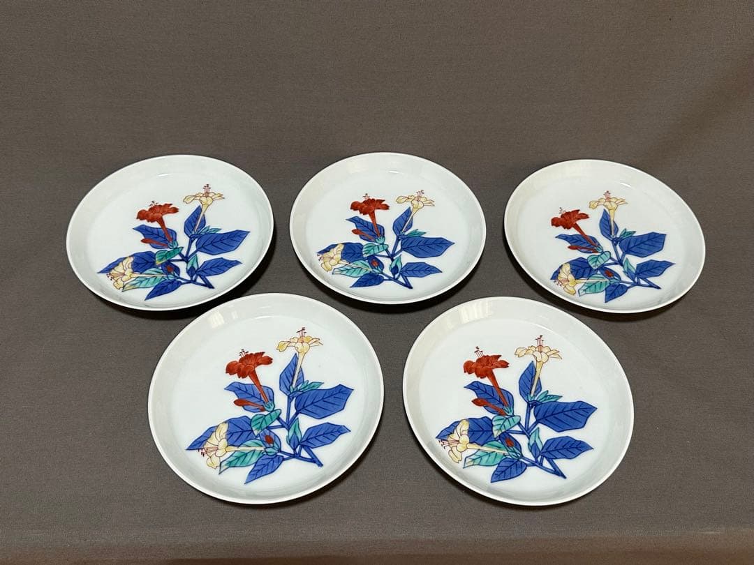 人間国宝 重要無形文化財 十三代今泉今右衛門 錦白粉花絵 銘々皿 五客