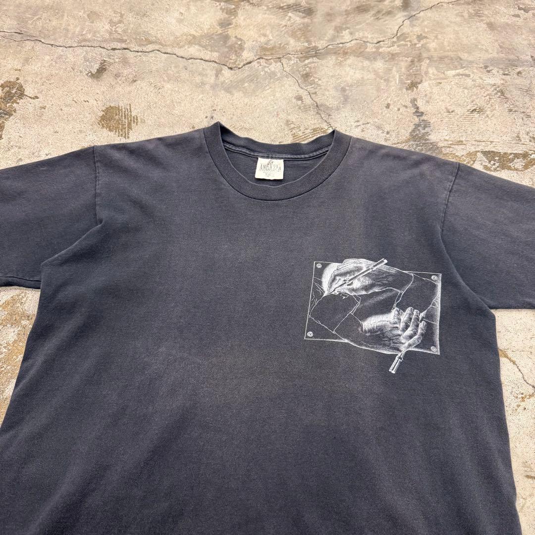 90年代 MCエッシャー　描く手　tシャツ　古着　M フェード