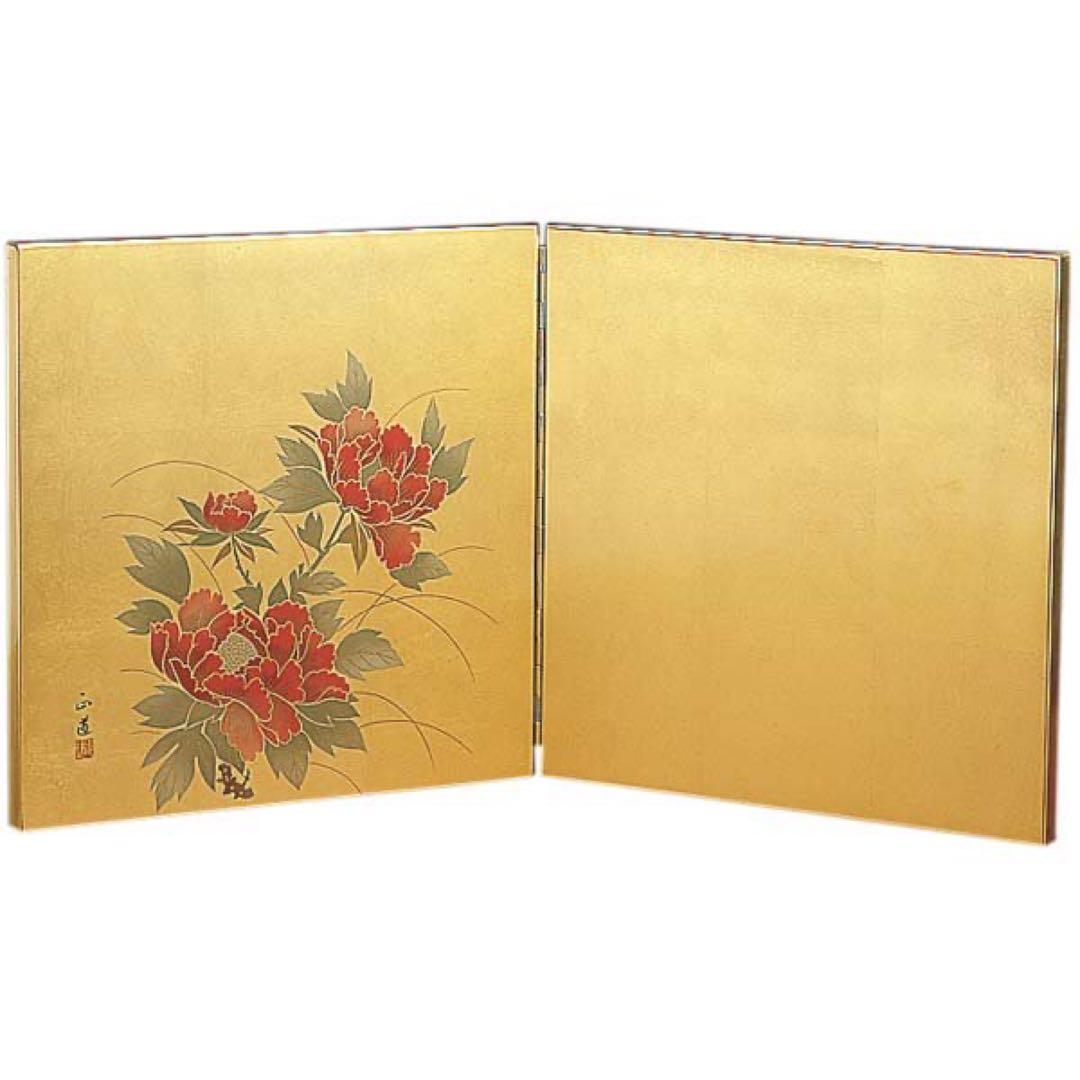 【店頭展示品】 純金箔　蒔絵屏風　牡丹　300×605×15ｍｍ　純金箔貼り