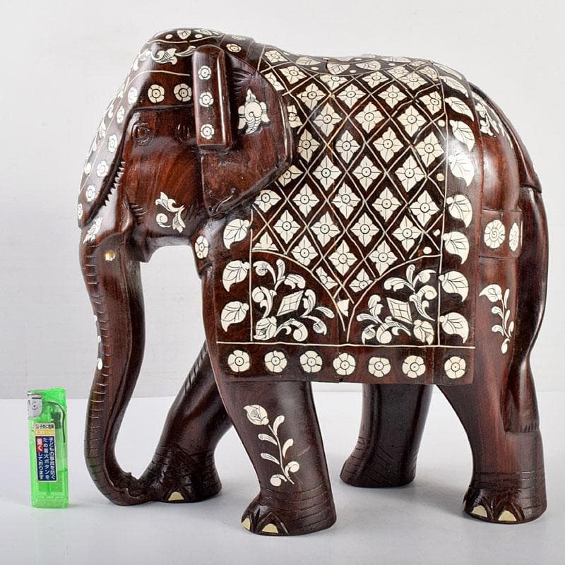 中国　唐木紫壇製　獣骨象嵌装飾　インド象　置物　V　R4905B