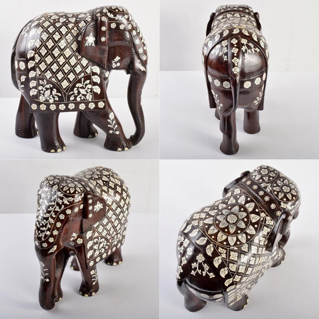 中国　唐木紫壇製　獣骨象嵌装飾　インド象　置物　V　R4905B