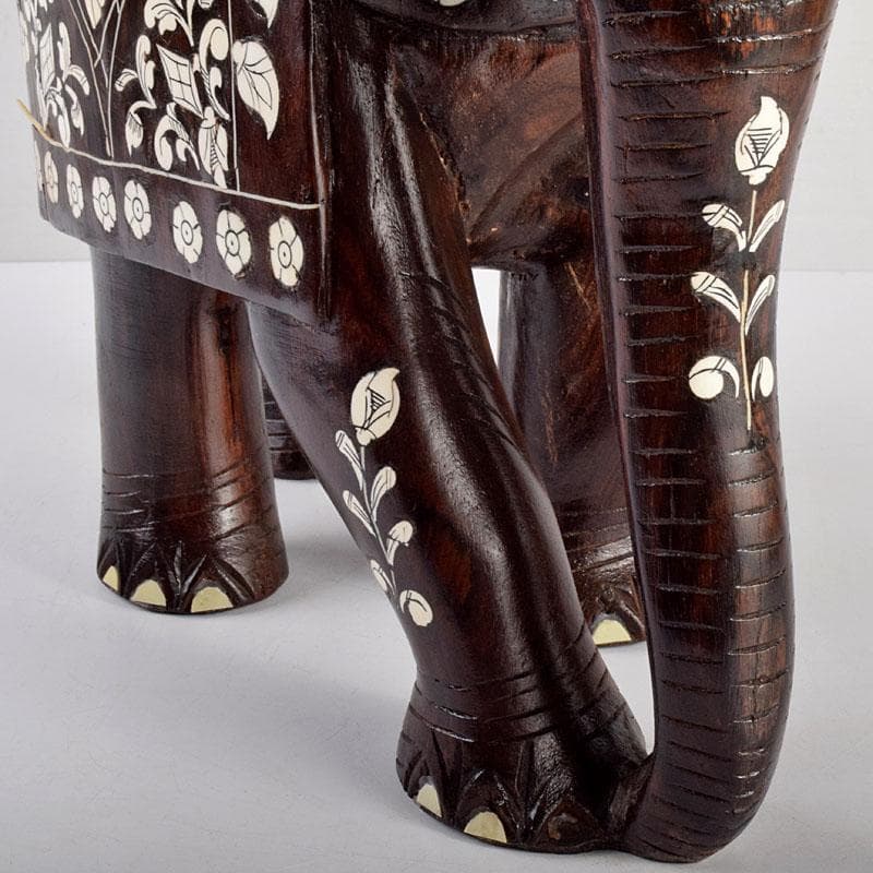 中国　唐木紫壇製　獣骨象嵌装飾　インド象　置物　V　R4905B