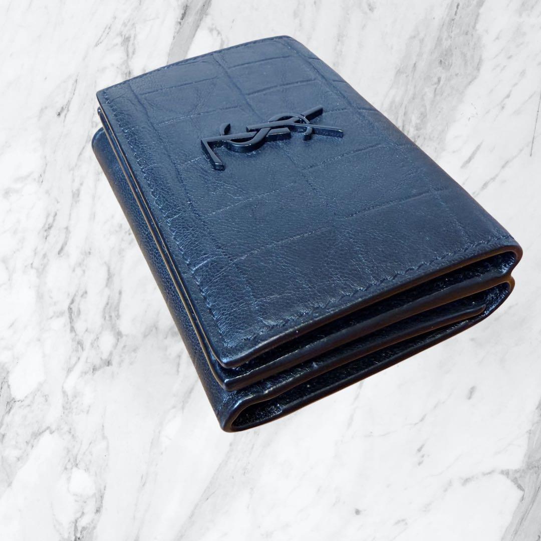 極美品✨サンローラン YSL カサンドラ クロコ型押し 三つ折り財布 黒