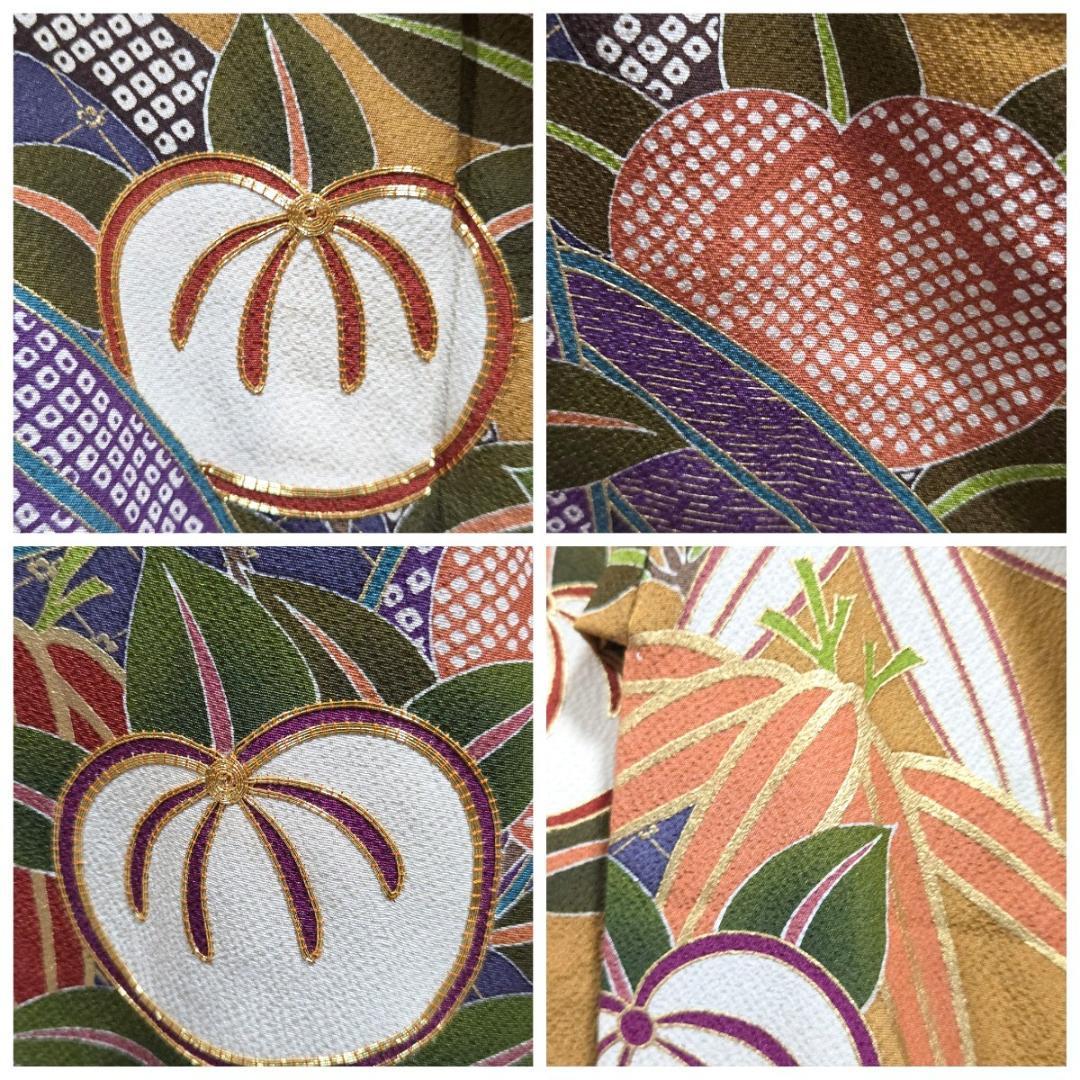 F5 橘の花模様 金駒刺繍 金彩 縮緬 山吹色 袷 正絹 成人式 振袖襦袢セット