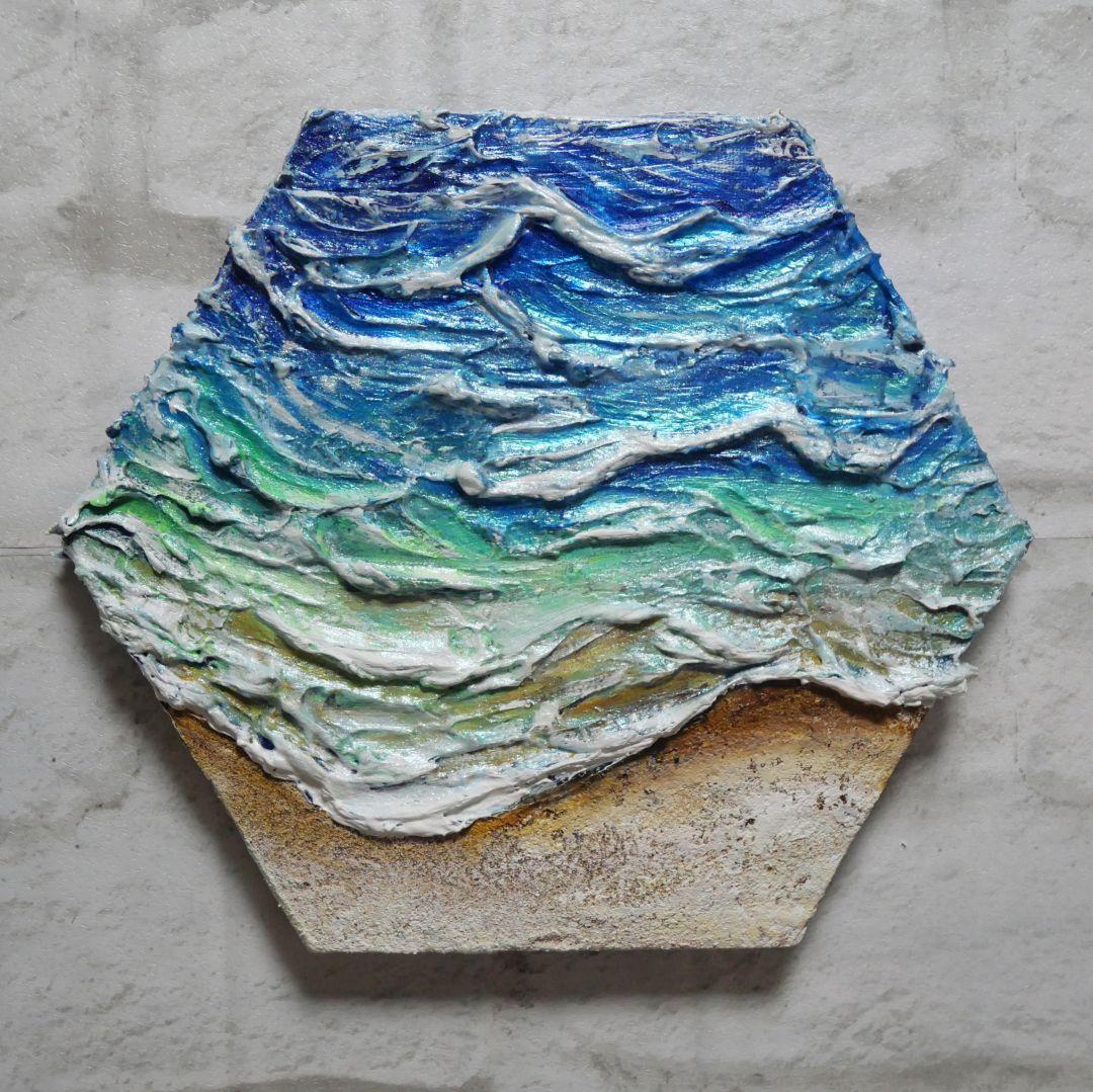 油絵 油彩 油彩画 絵 絵画 六角型【海の砂場】
