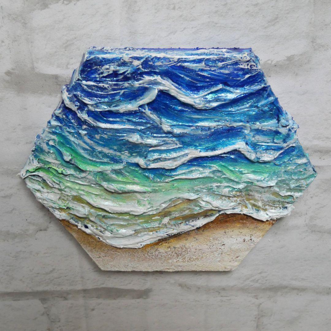 油絵 油彩 油彩画 絵 絵画 六角型【海の砂場】