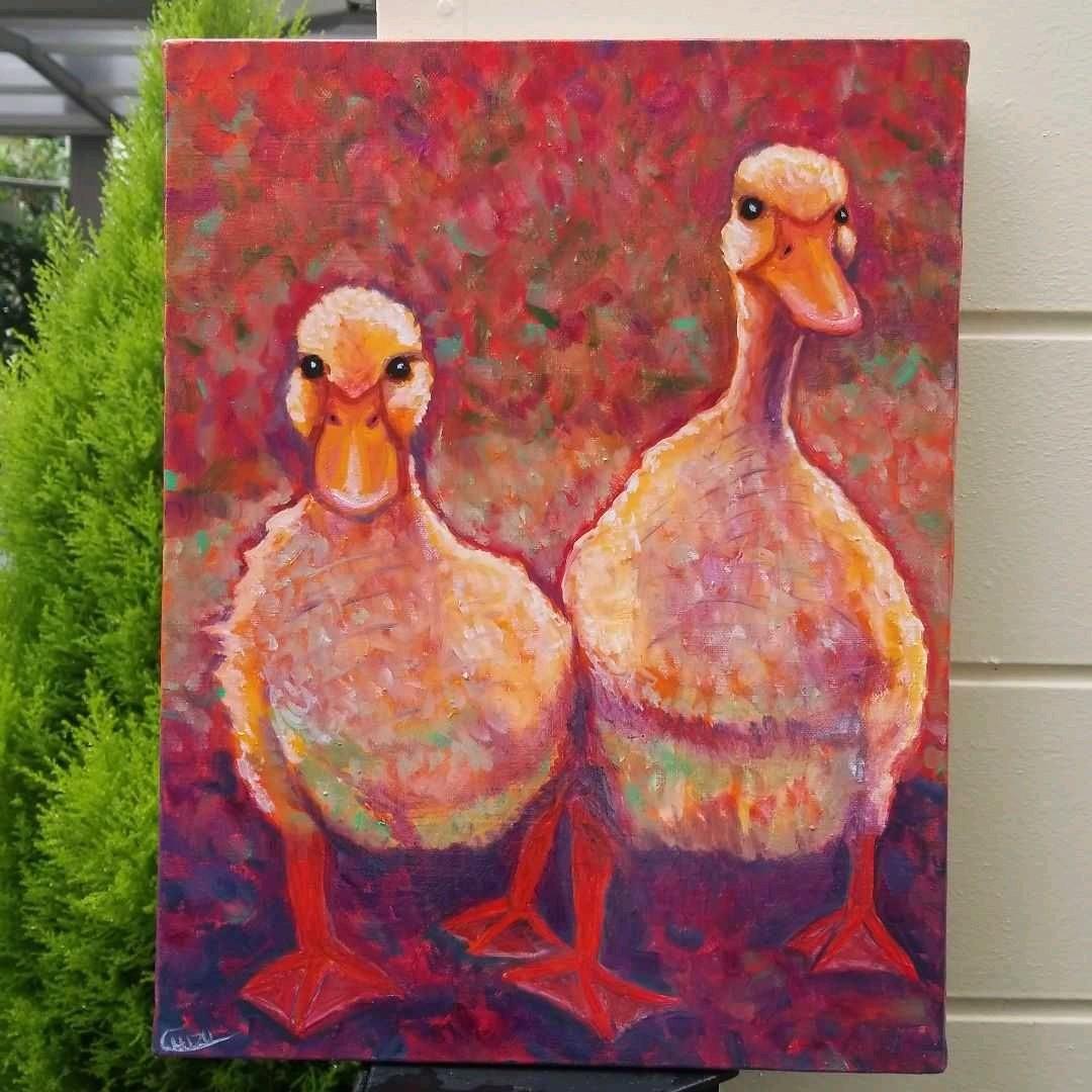 油絵　専用　夕方　寄りそって帰るアヒルの恋人たち