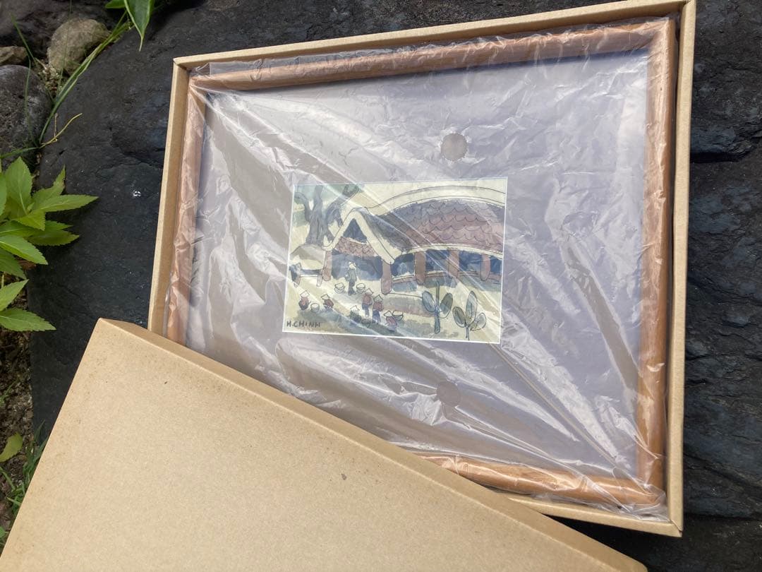 H. CHINH 農村風景 絵画 木製フレーム付き