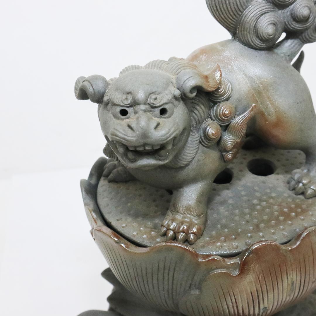 青備前 獅子牡丹香炉 備前焼三名工 西村春湖 作 伊部 備前