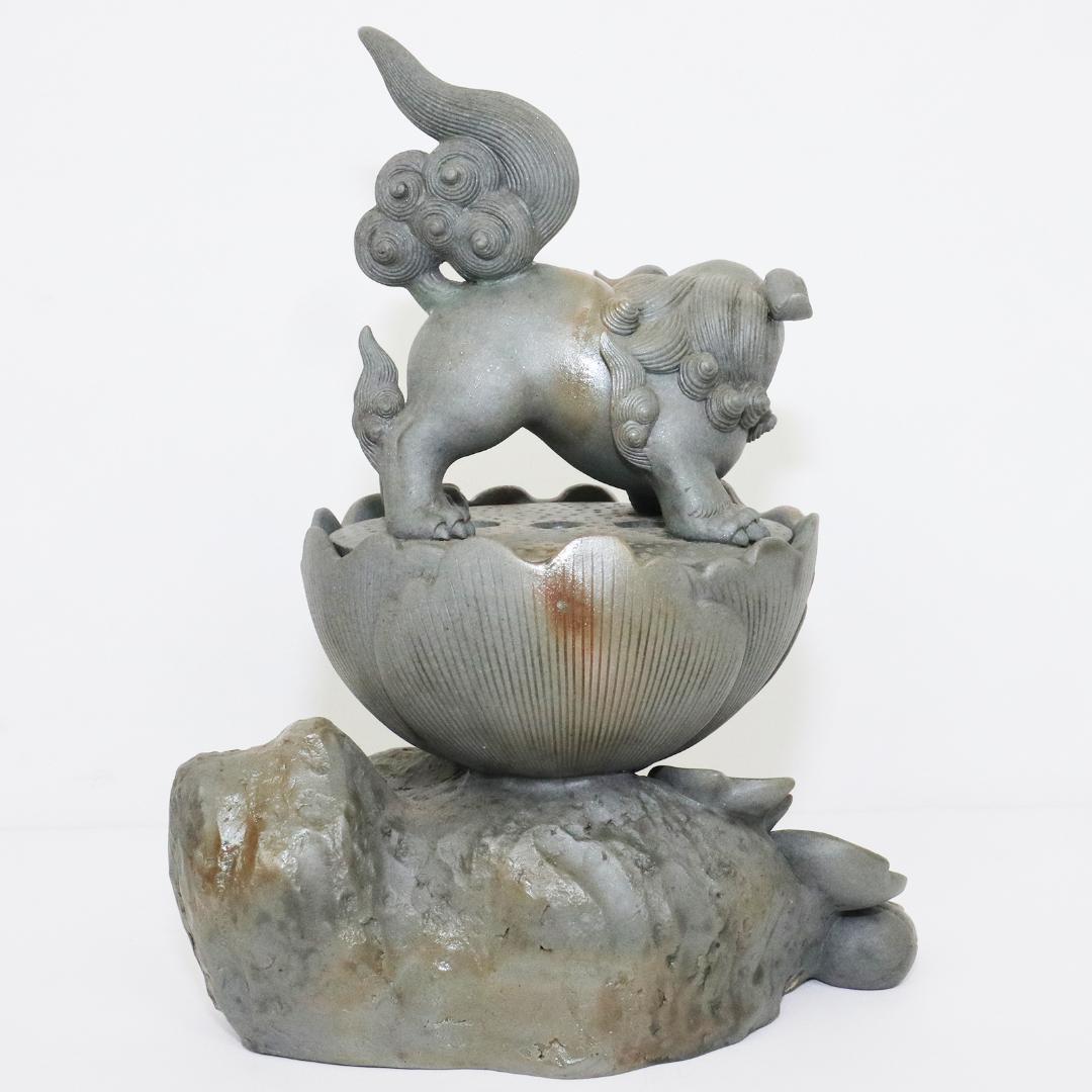 青備前 獅子牡丹香炉 備前焼三名工 西村春湖 作 伊部 備前