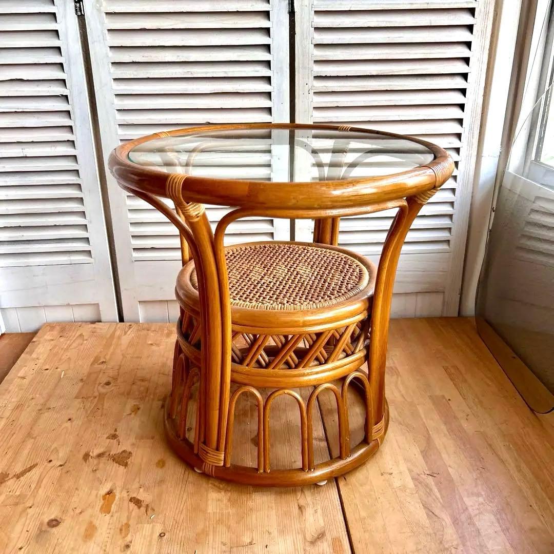 ラタン　ガラス　テーブル　サイドテーブル　コーヒーテーブル　籐　アジア