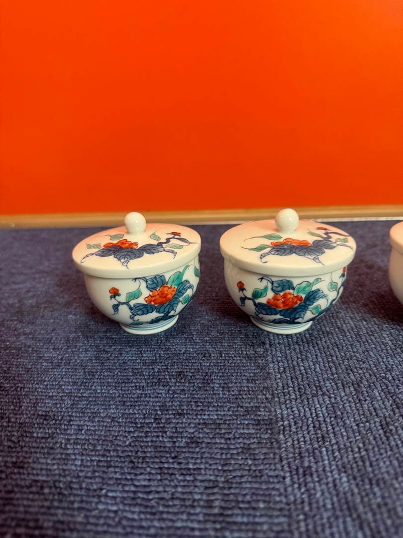 1776 有田焼畑萬陶苑 色鍋島内山水岩牡丹 茶器セット急須1 建水1湯呑蓋付4