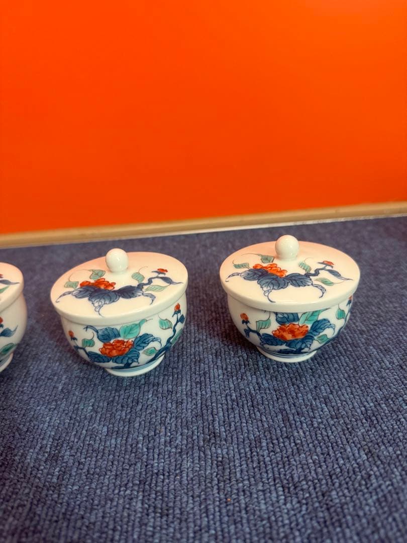 1776 有田焼畑萬陶苑 色鍋島内山水岩牡丹 茶器セット急須1 建水1湯呑蓋付4