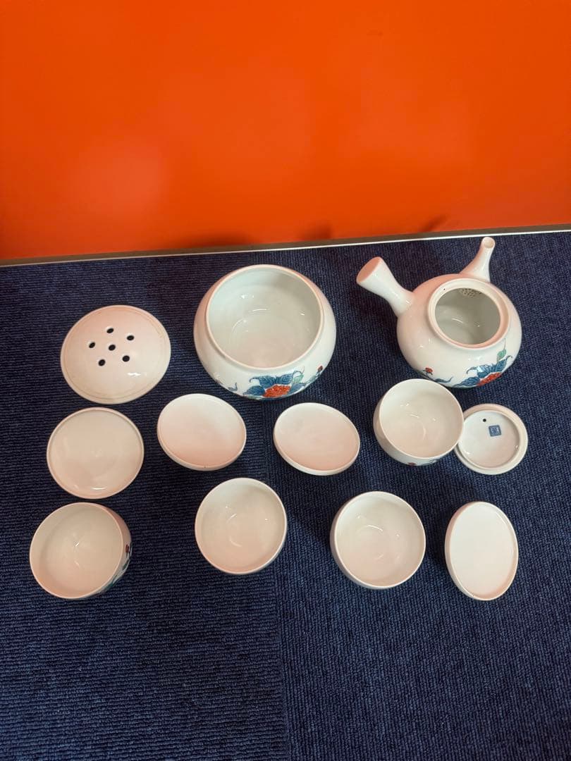 1776 有田焼畑萬陶苑 色鍋島内山水岩牡丹 茶器セット急須1 建水1湯呑蓋付4