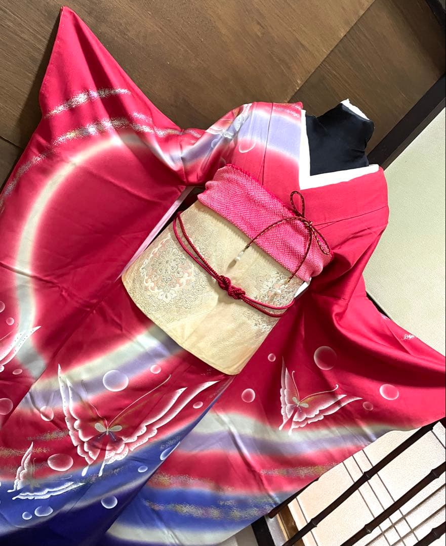 振袖フルセット6点サイズM〜Ｌ舞蝶文　暈し染め　金銀彩　正絹