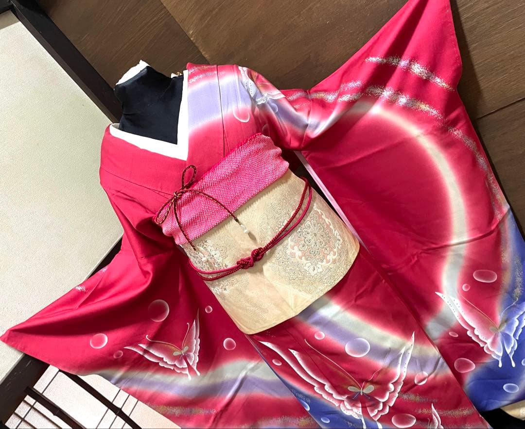 振袖フルセット6点サイズM〜Ｌ舞蝶文　暈し染め　金銀彩　正絹