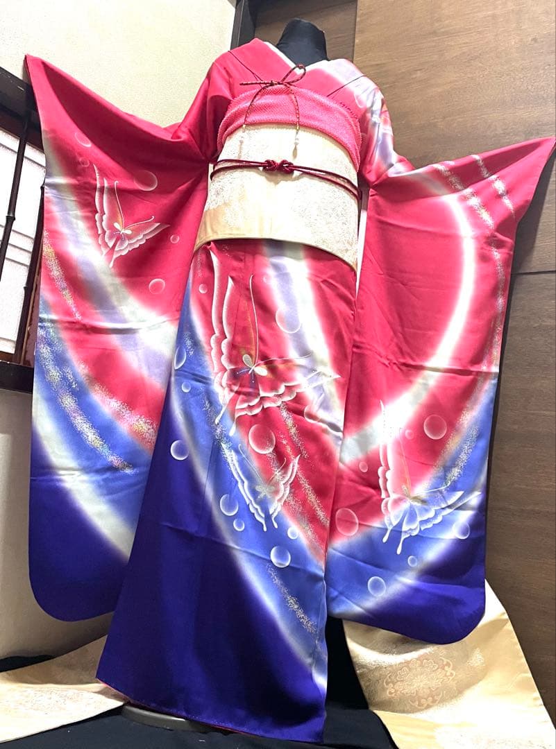 振袖フルセット6点サイズM〜Ｌ舞蝶文　暈し染め　金銀彩　正絹