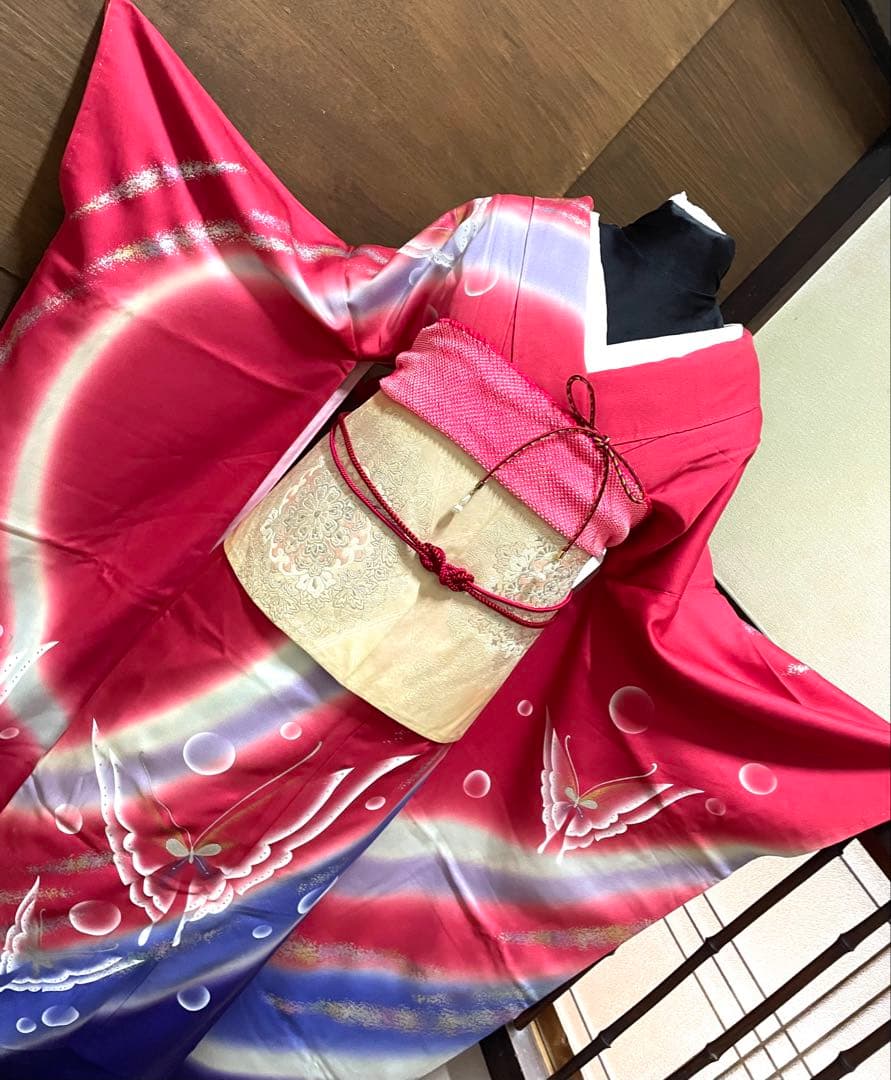 振袖フルセット6点サイズM〜Ｌ舞蝶文　暈し染め　金銀彩　正絹