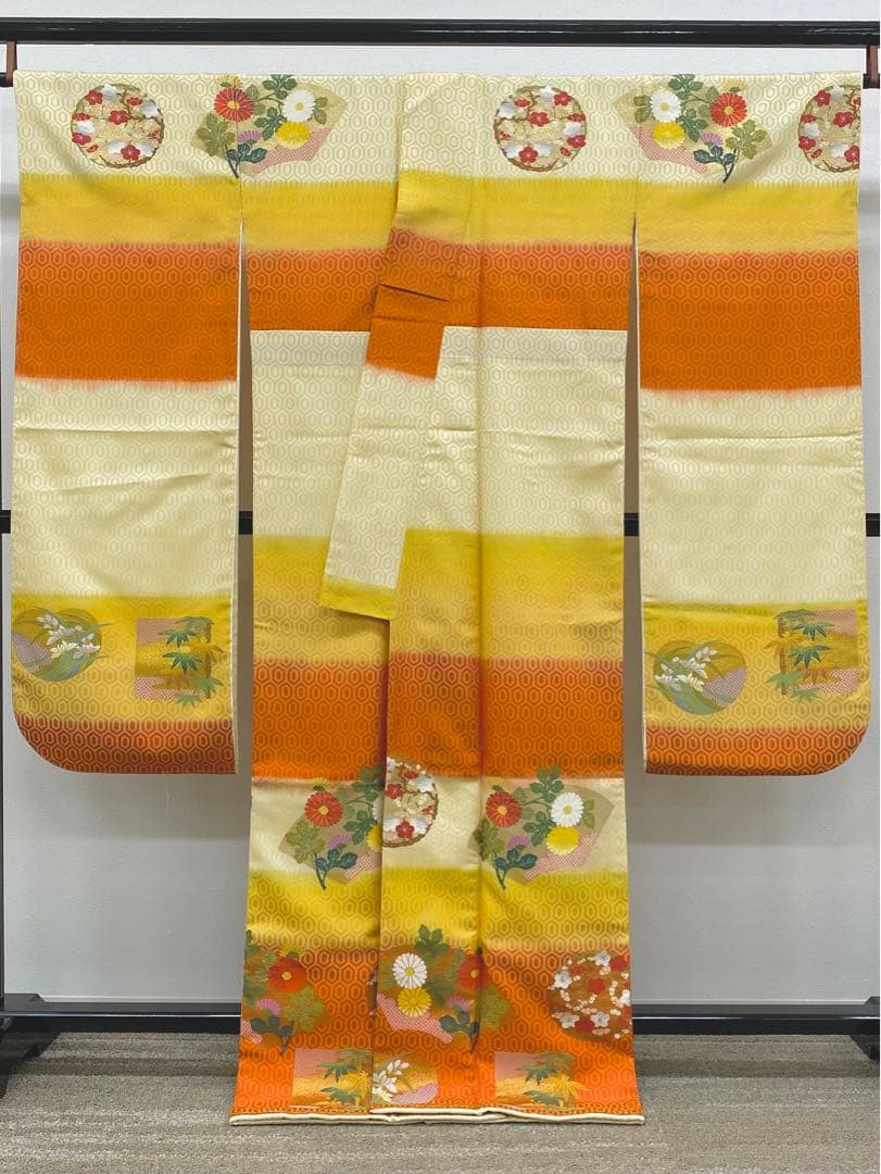 曽根武勇 落款入 御召 振袖 一つ紋 縫い紋 竹笹 金糸 正絹 躾糸付き