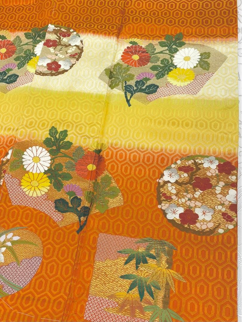 曽根武勇 落款入 御召 振袖 一つ紋 縫い紋 竹笹 金糸 正絹 躾糸付き