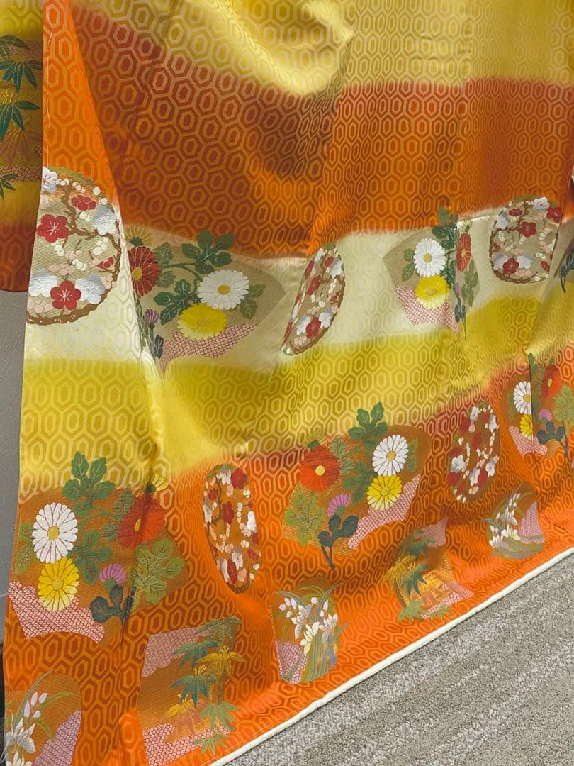 曽根武勇 落款入 御召 振袖 一つ紋 縫い紋 竹笹 金糸 正絹 躾糸付き