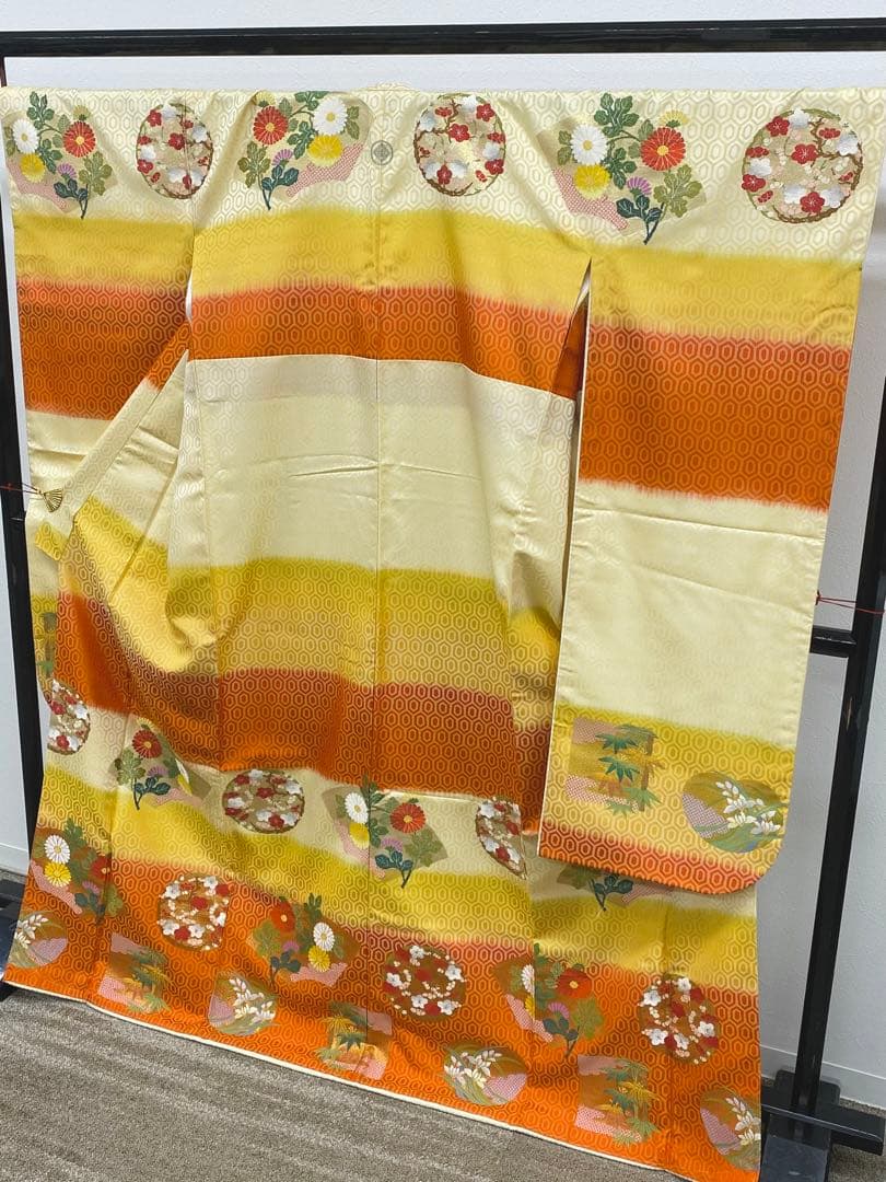 曽根武勇 落款入 御召 振袖 一つ紋 縫い紋 竹笹 金糸 正絹 躾糸付き