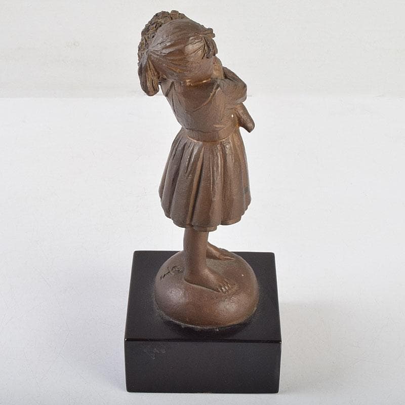 加藤豊作　ブロンズ　少女像　「花束」　台付　共箱　M　R9183