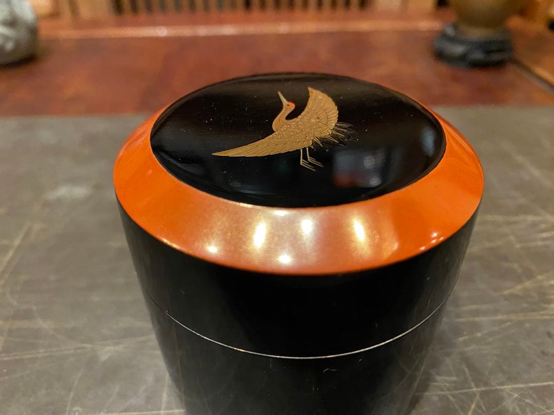 輪島塗　棗　蒔絵・鶴紋　鈴谷鐵五郎作 茶道具・ヴィンテージ　レア