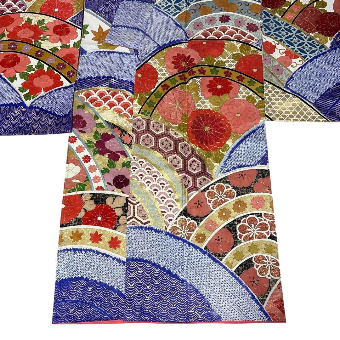 (う12)青紫の祝い青海波模様に本絞りや手描き✨アンティーク振袖⑤点セット㊗️