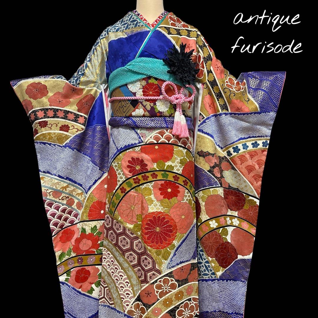 (う12)青紫の祝い青海波模様に本絞りや手描き✨アンティーク振袖⑤点セット㊗️