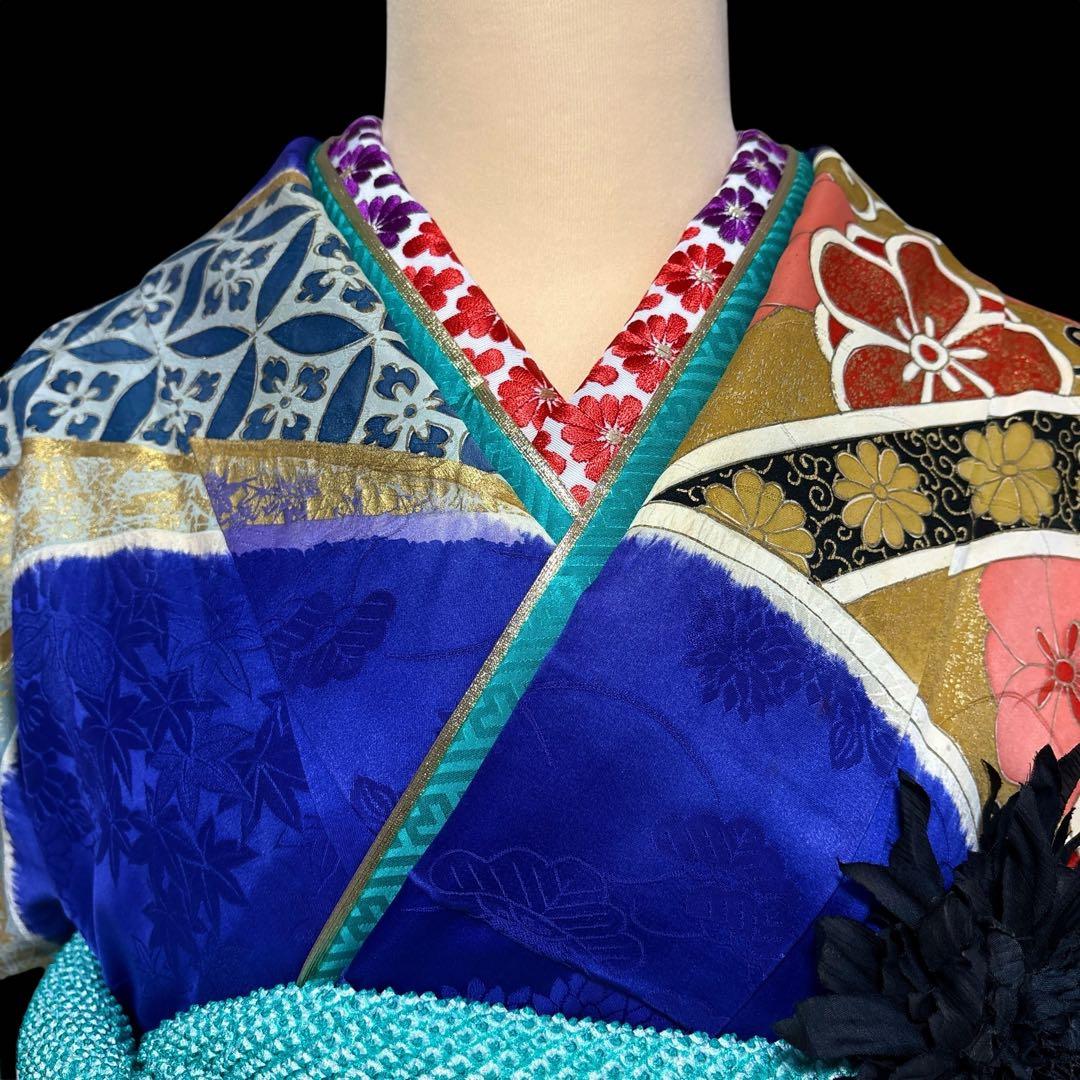 (う12)青紫の祝い青海波模様に本絞りや手描き✨アンティーク振袖⑤点セット㊗️